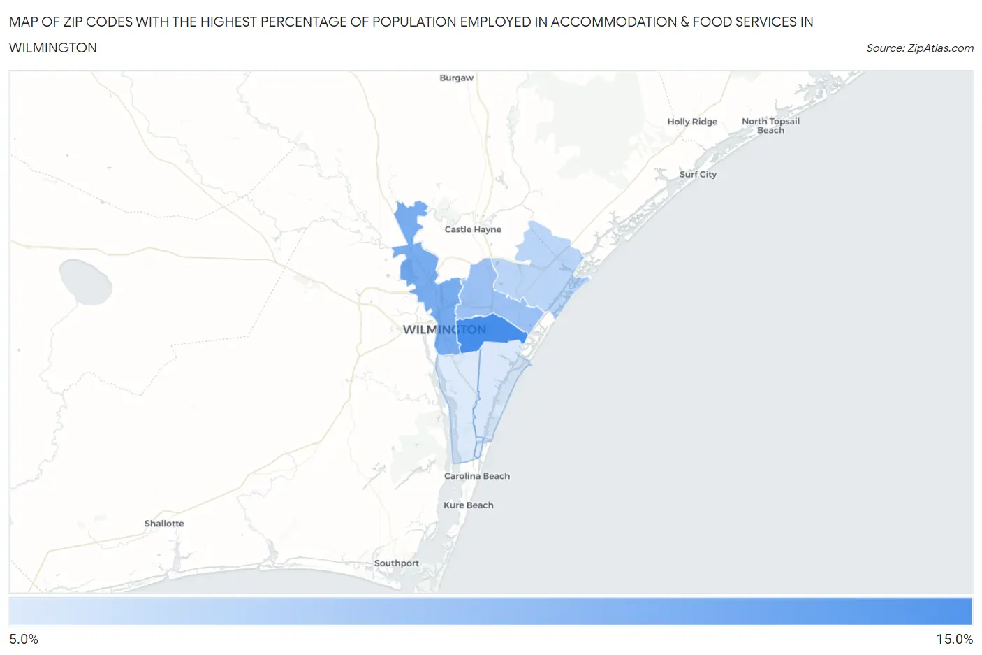 Zip Codes with the Highest Percentage of Population Employed in Accommodation & Food Services in Wilmington Map