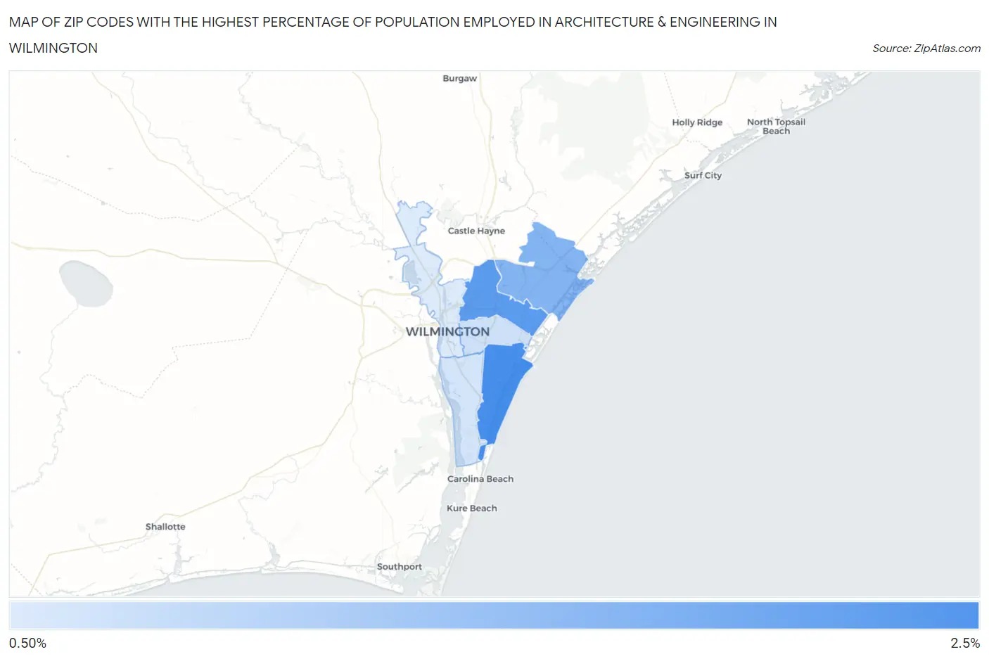 Zip Codes with the Highest Percentage of Population Employed in Architecture & Engineering in Wilmington Map