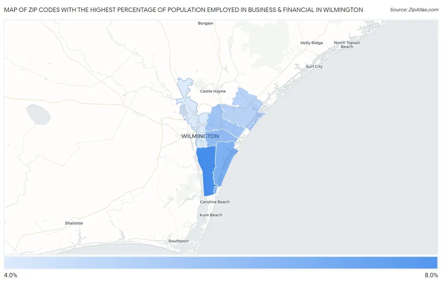 Zip Codes with the Highest Percentage of Population Employed in Business & Financial in Wilmington Map