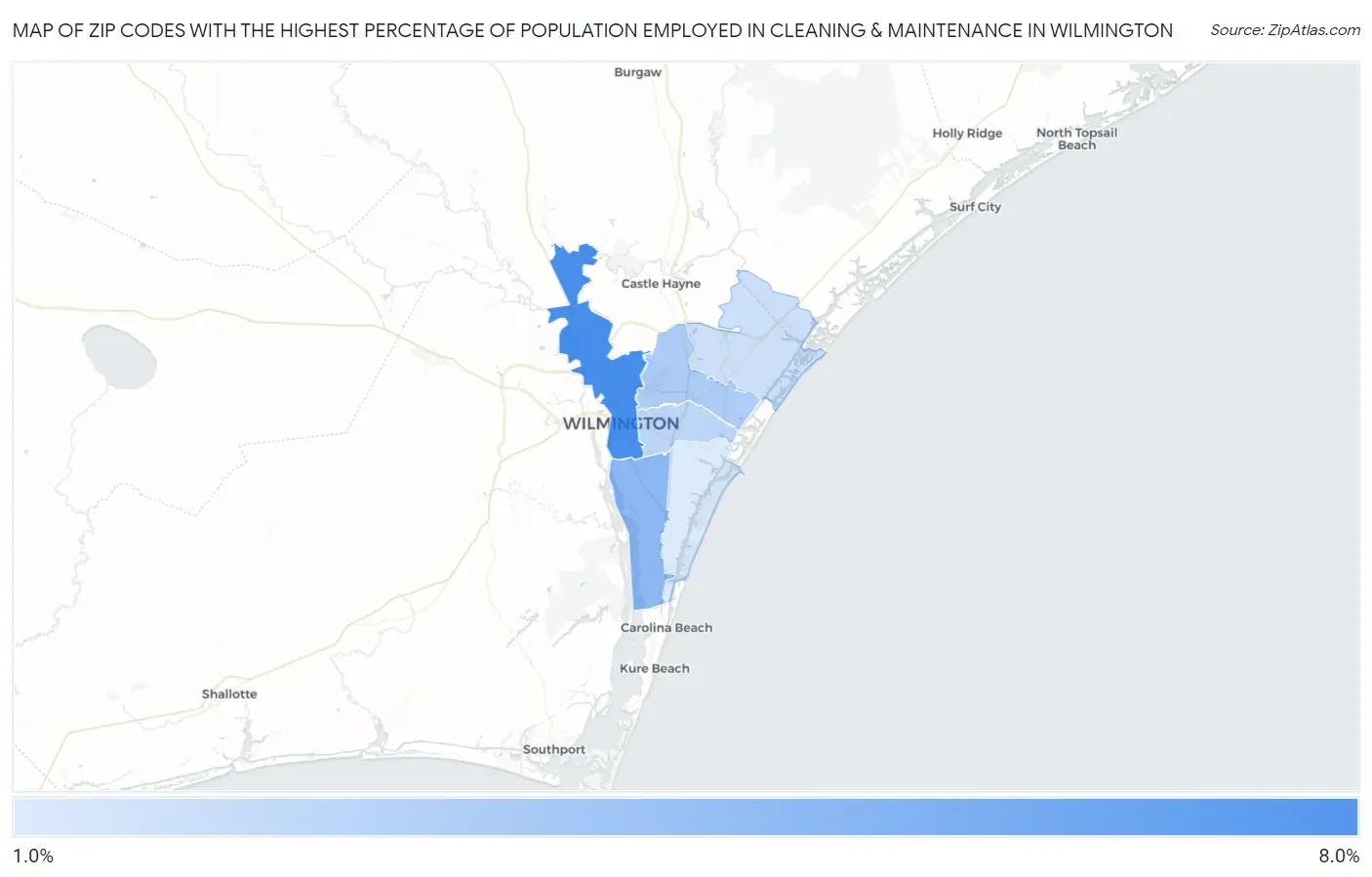 Zip Codes with the Highest Percentage of Population Employed in Cleaning & Maintenance in Wilmington Map