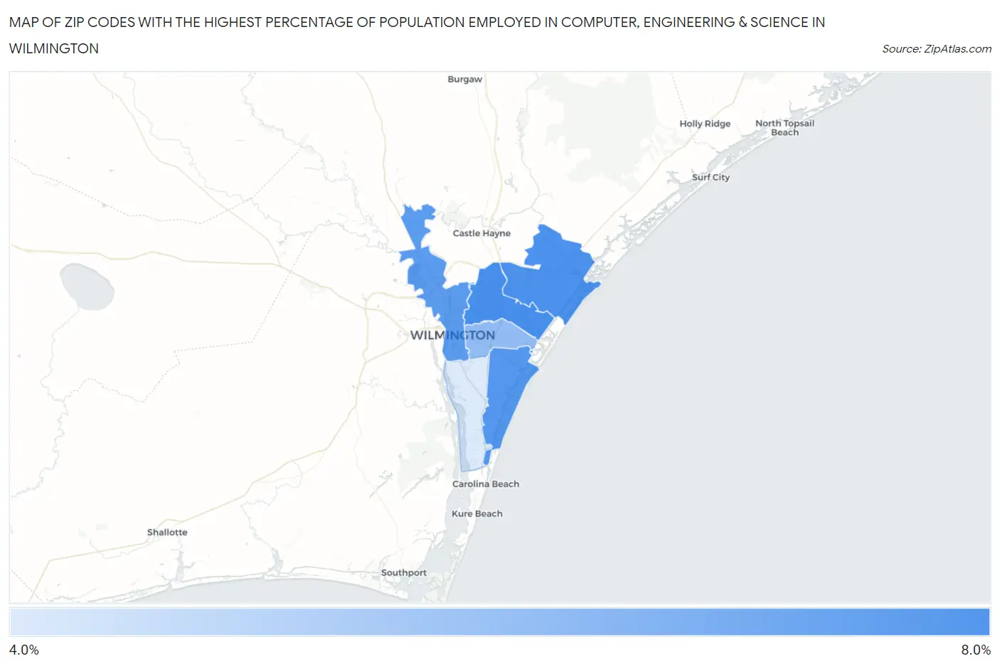 Zip Codes with the Highest Percentage of Population Employed in Computer, Engineering & Science in Wilmington Map
