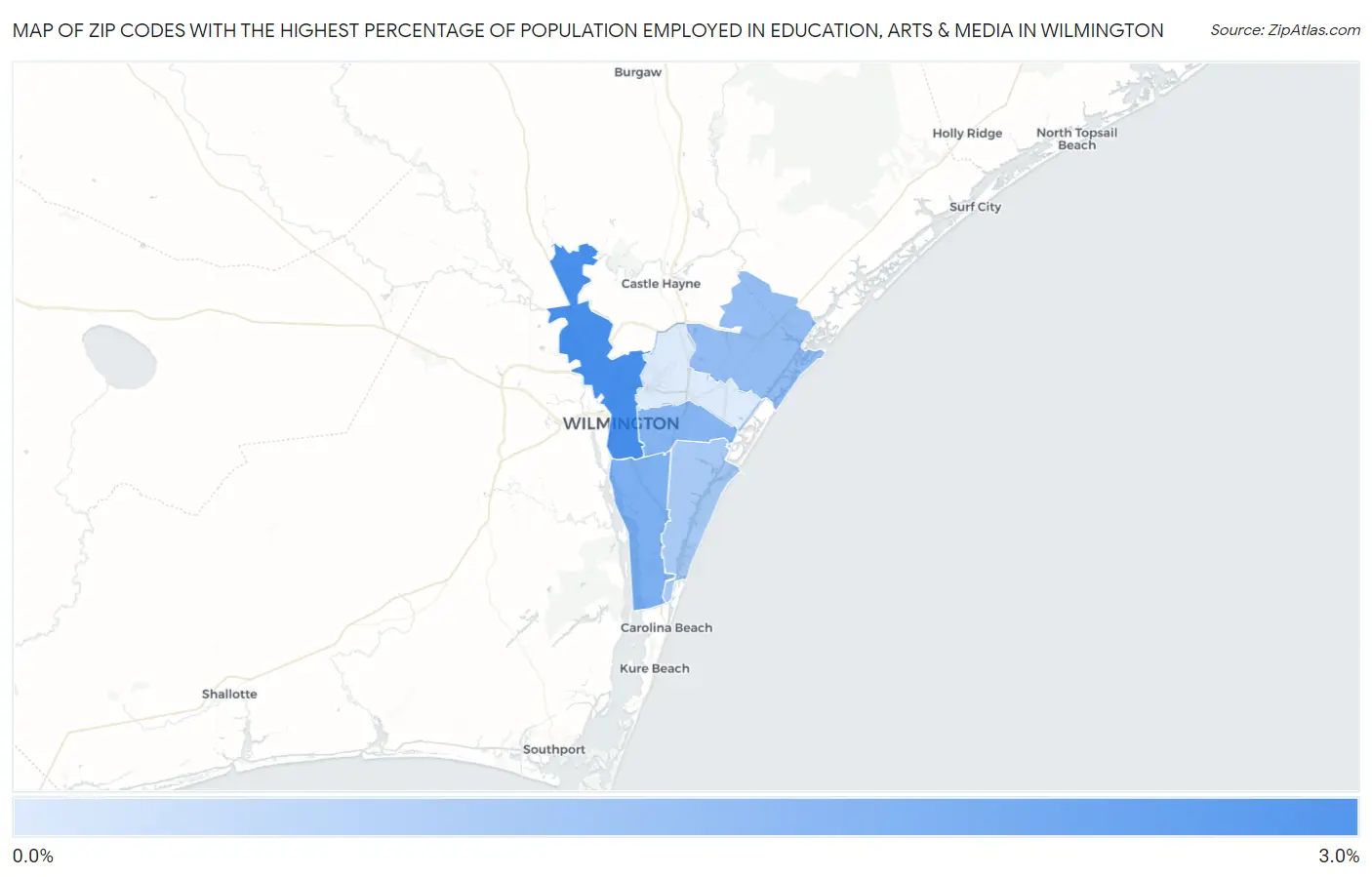 Zip Codes with the Highest Percentage of Population Employed in Education, Arts & Media in Wilmington Map