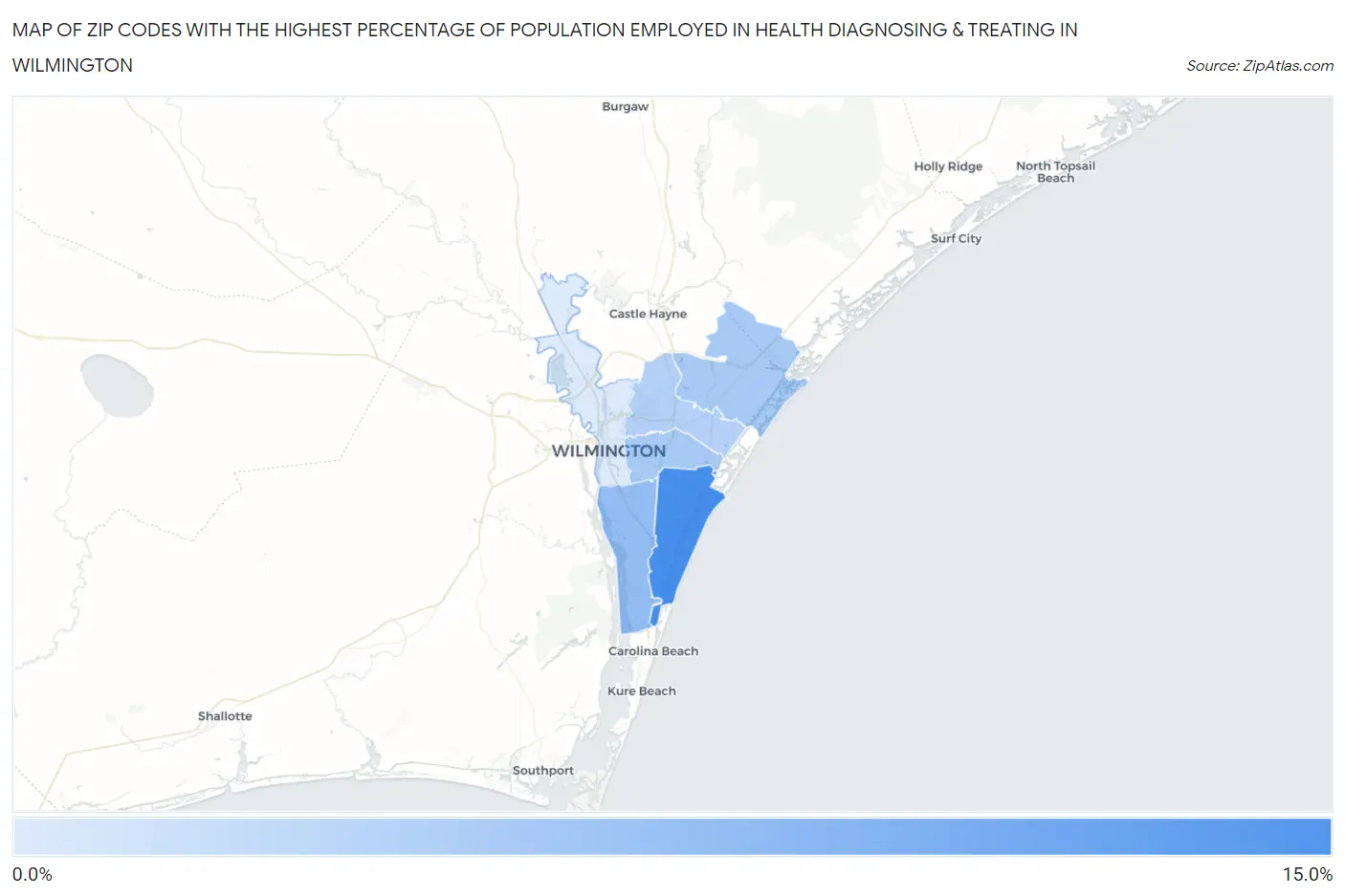 Zip Codes with the Highest Percentage of Population Employed in Health Diagnosing & Treating in Wilmington Map