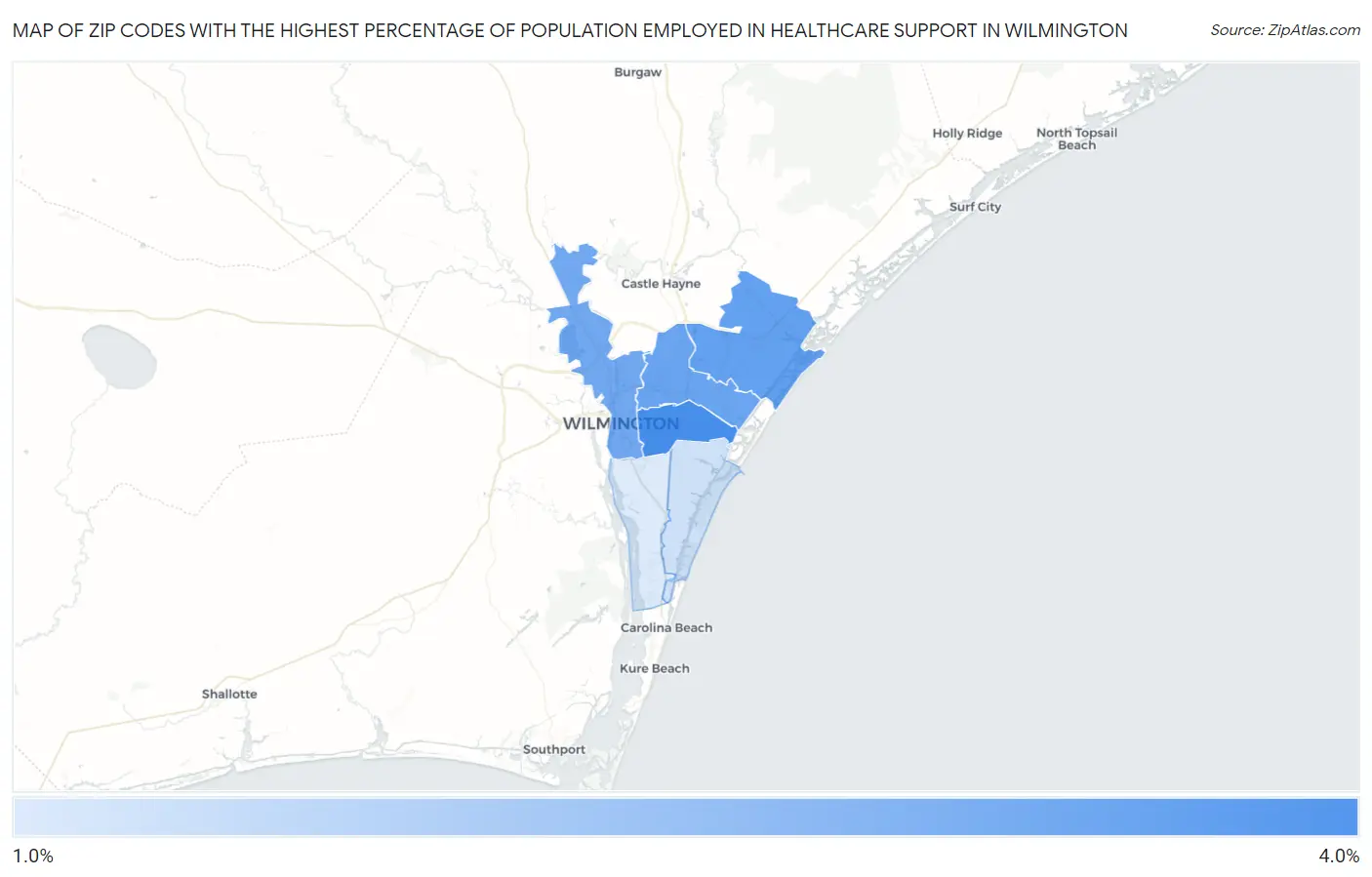 Zip Codes with the Highest Percentage of Population Employed in Healthcare Support in Wilmington Map