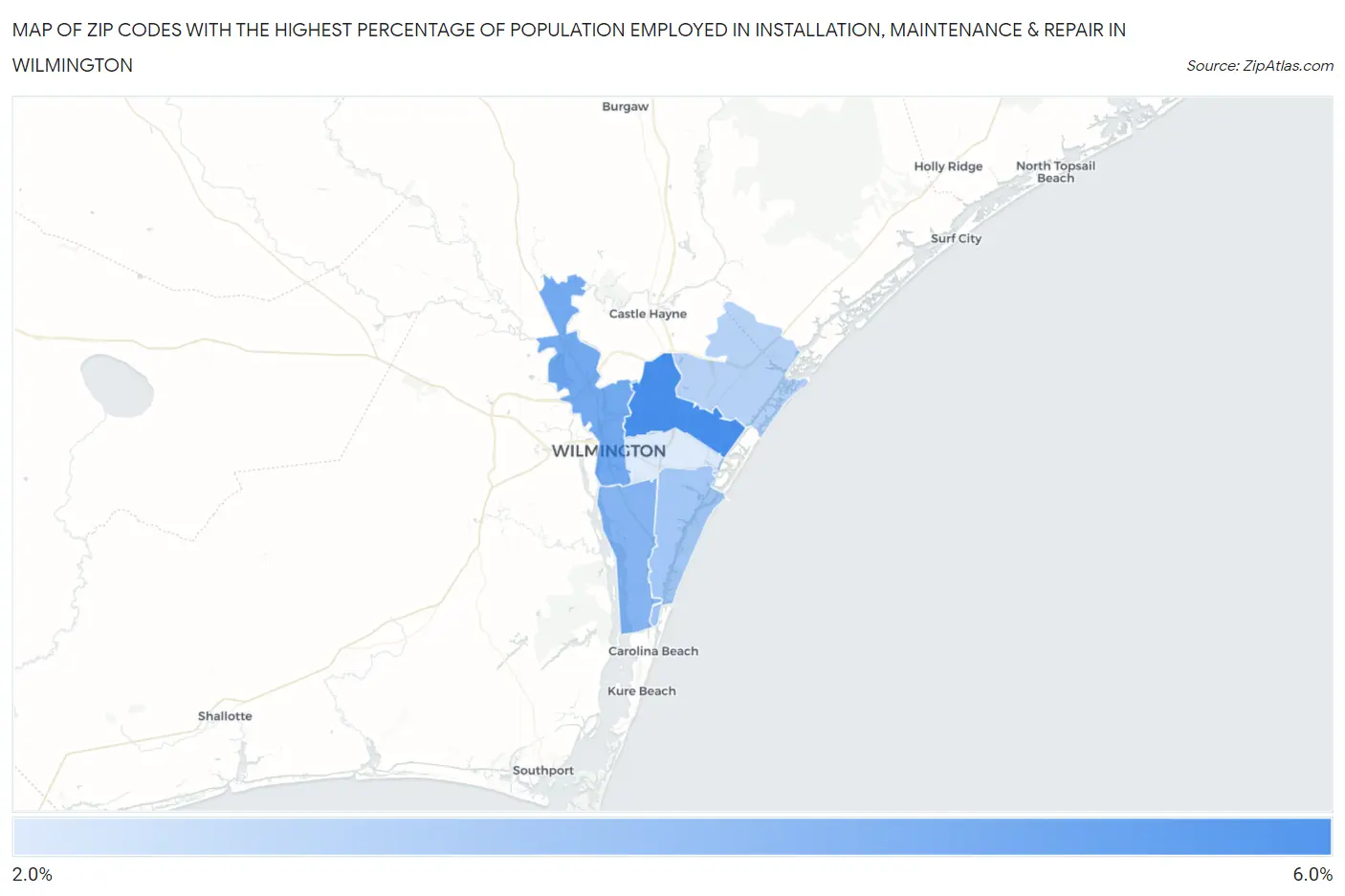 Zip Codes with the Highest Percentage of Population Employed in Installation, Maintenance & Repair in Wilmington Map