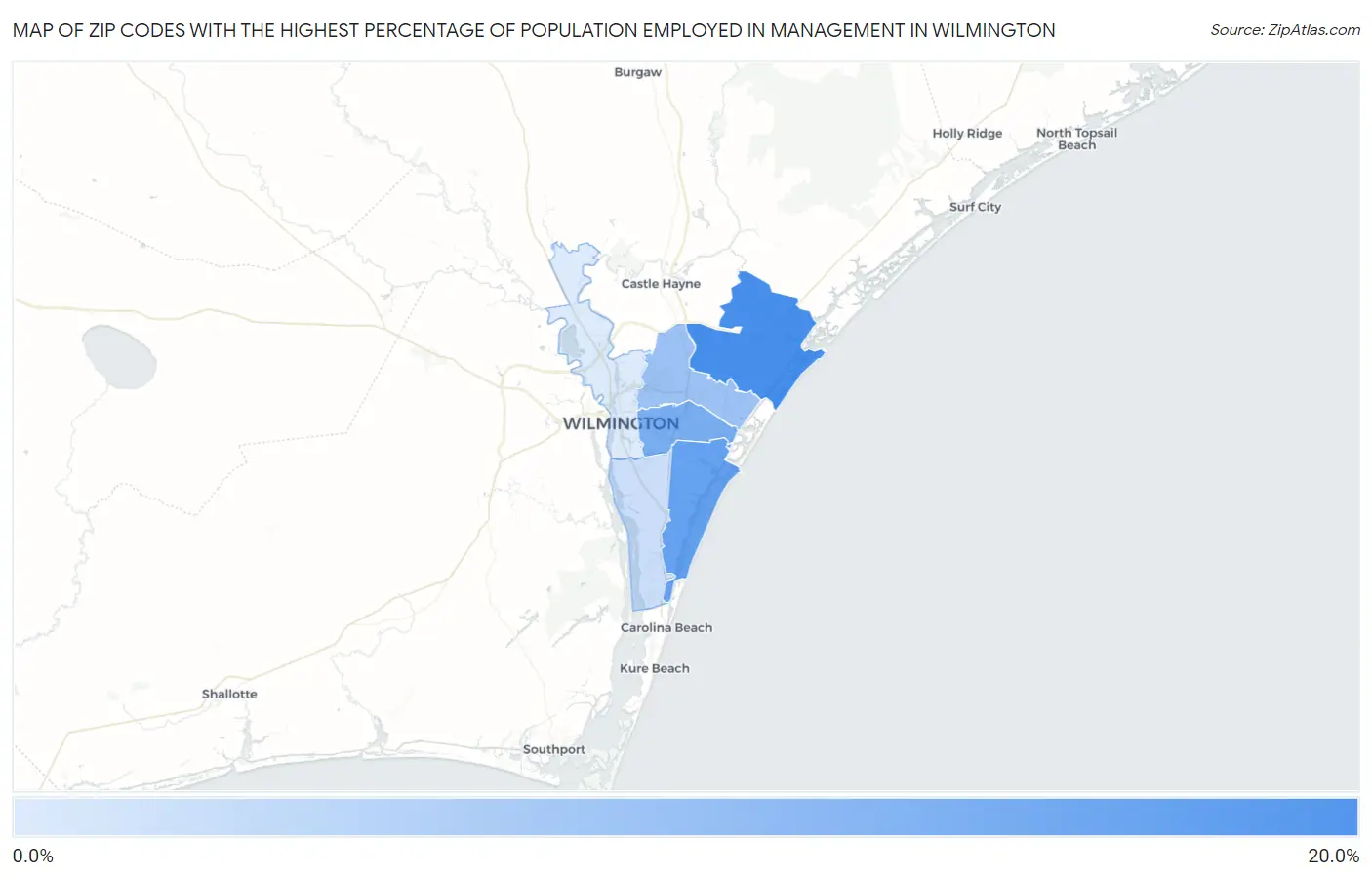 Zip Codes with the Highest Percentage of Population Employed in Management in Wilmington Map