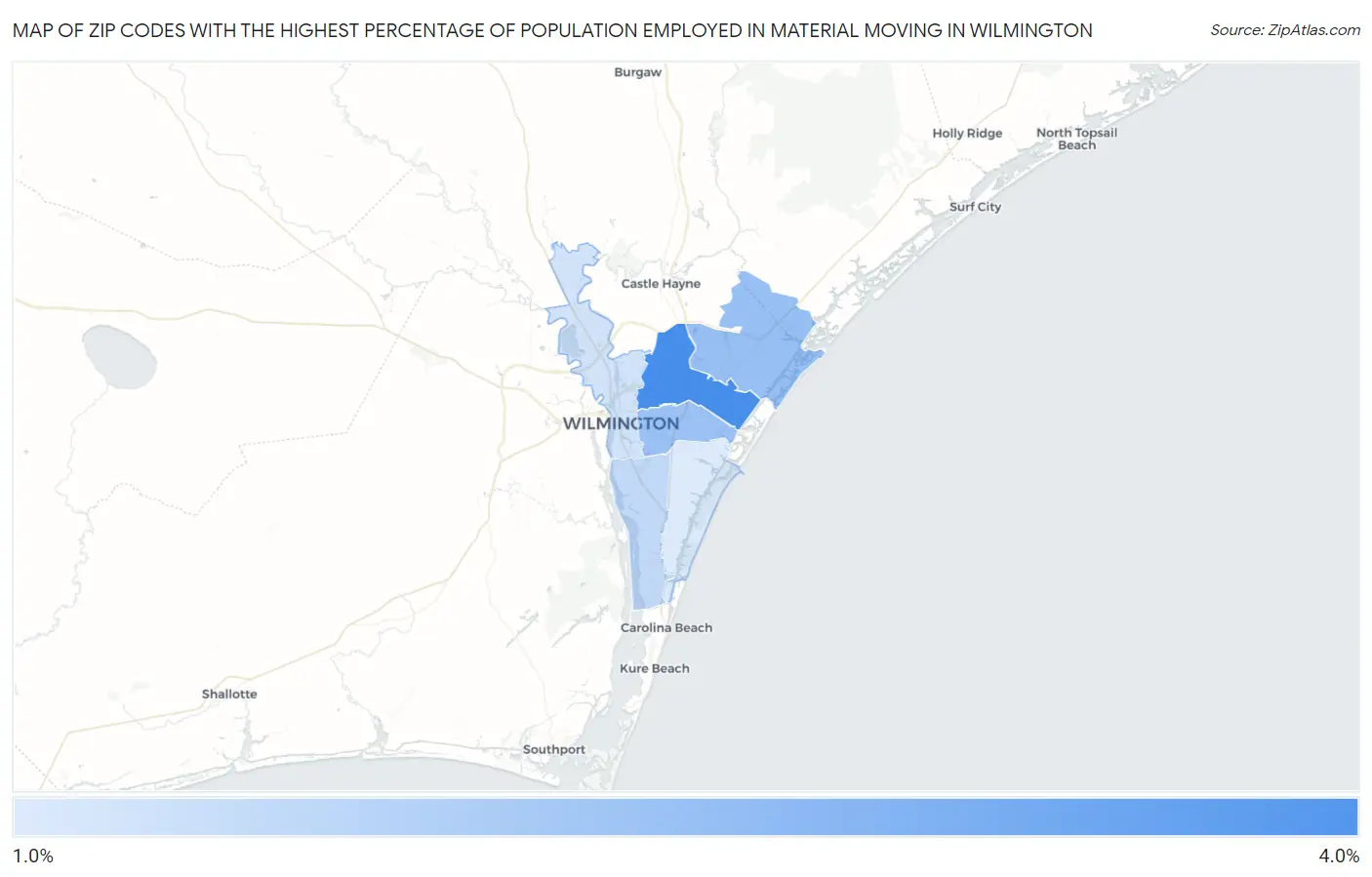 Zip Codes with the Highest Percentage of Population Employed in Material Moving in Wilmington Map