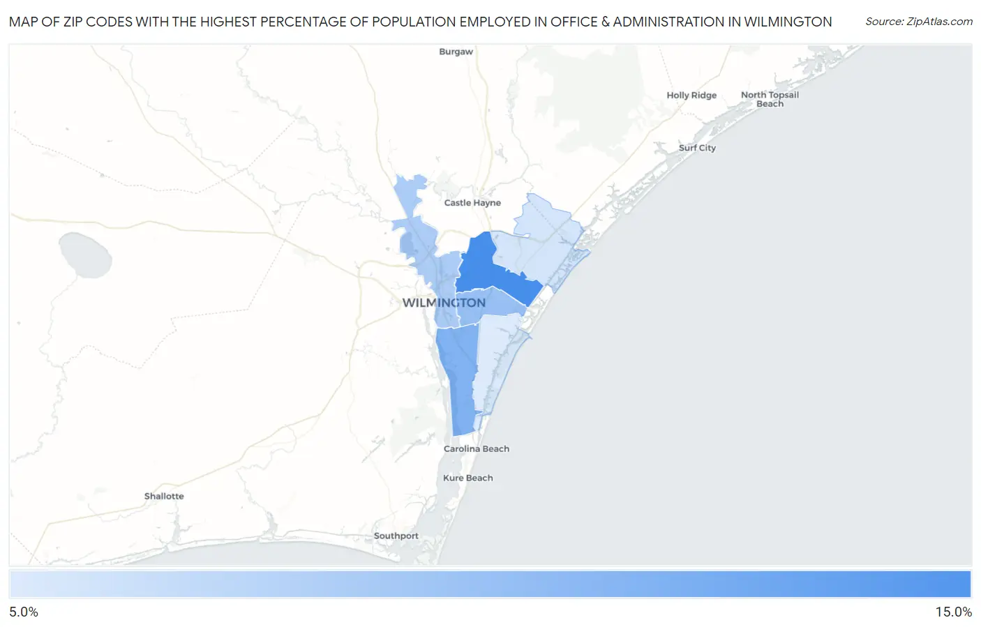 Zip Codes with the Highest Percentage of Population Employed in Office & Administration in Wilmington Map