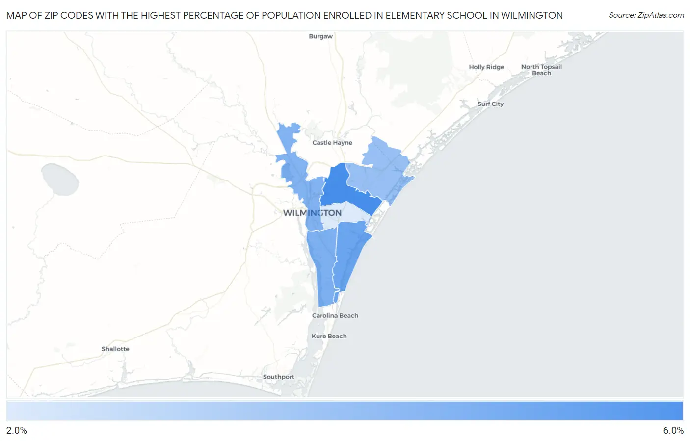 Zip Codes with the Highest Percentage of Population Enrolled in Elementary School in Wilmington Map
