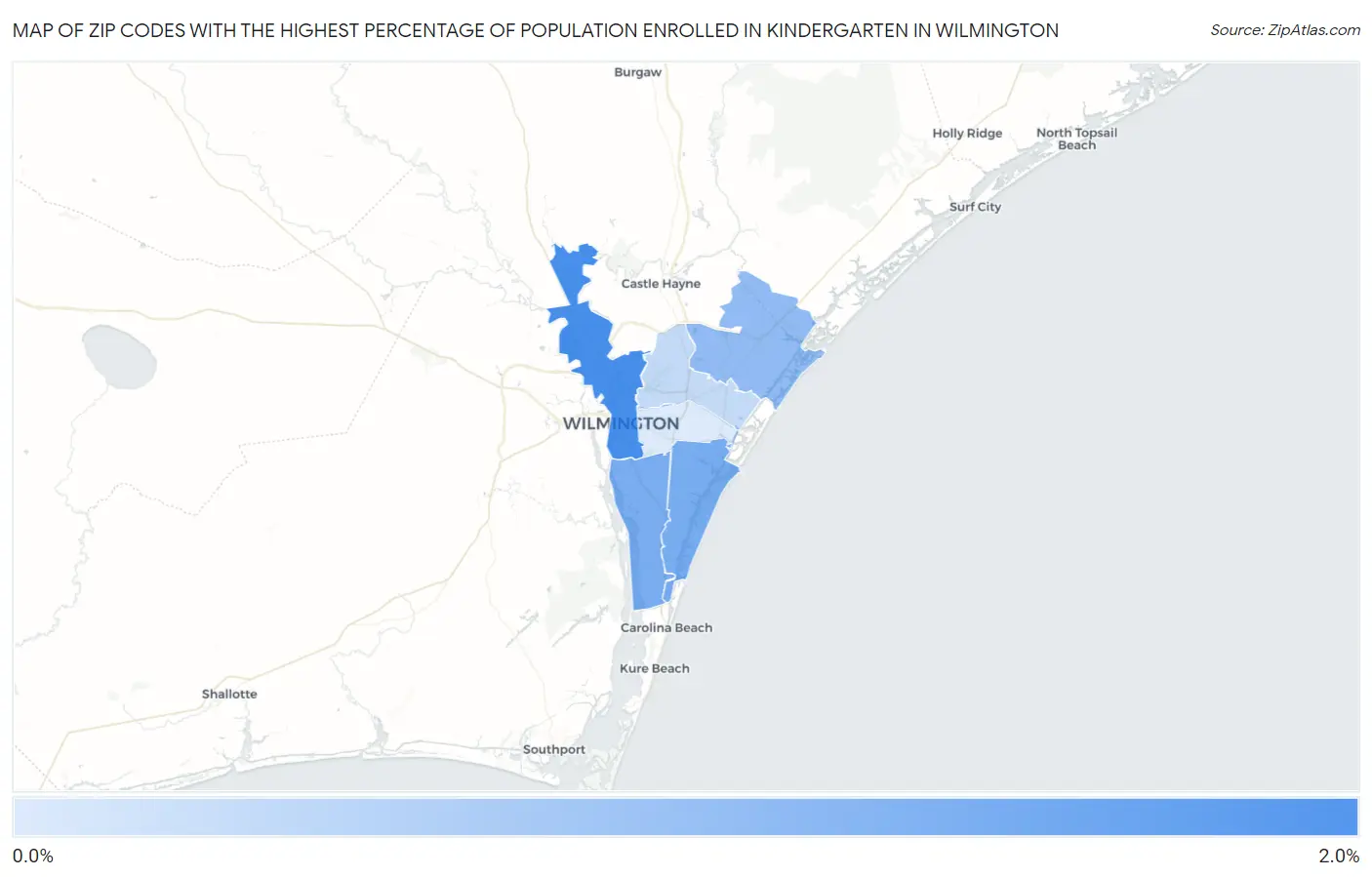 Zip Codes with the Highest Percentage of Population Enrolled in Kindergarten in Wilmington Map