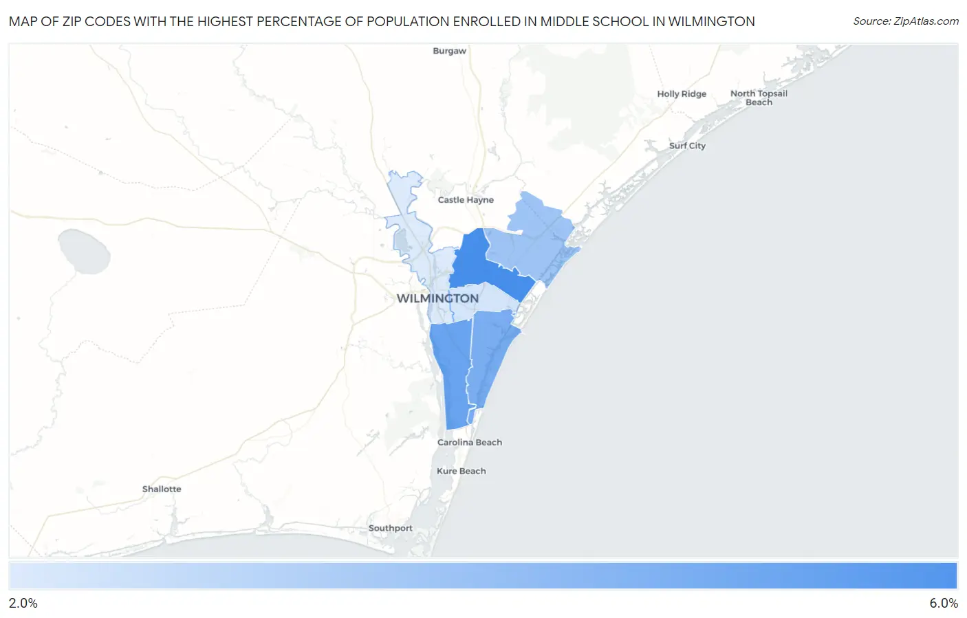 Zip Codes with the Highest Percentage of Population Enrolled in Middle School in Wilmington Map