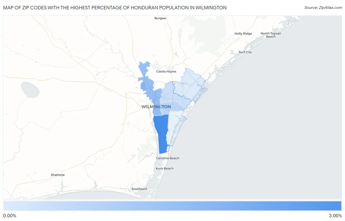 Zip Codes with the Highest Percentage of Honduran Population in Wilmington Map