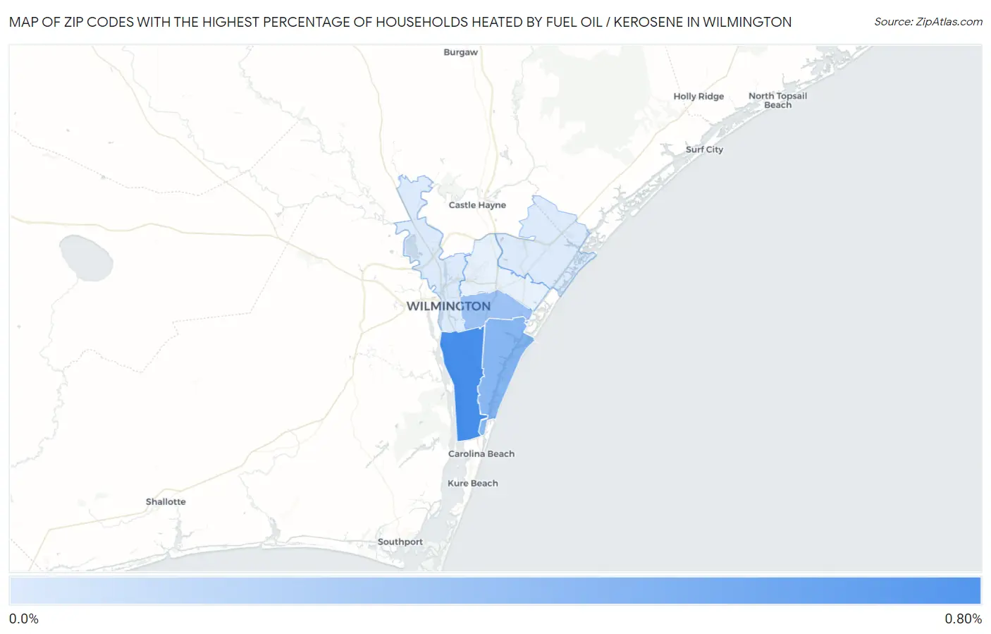 Zip Codes with the Highest Percentage of Households Heated by Fuel Oil / Kerosene in Wilmington Map