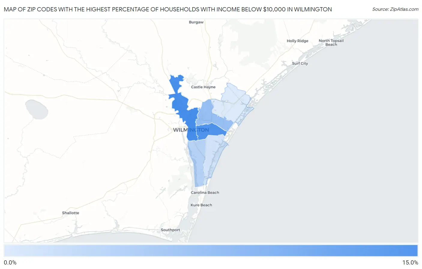 Zip Codes with the Highest Percentage of Households with Income Below $10,000 in Wilmington Map