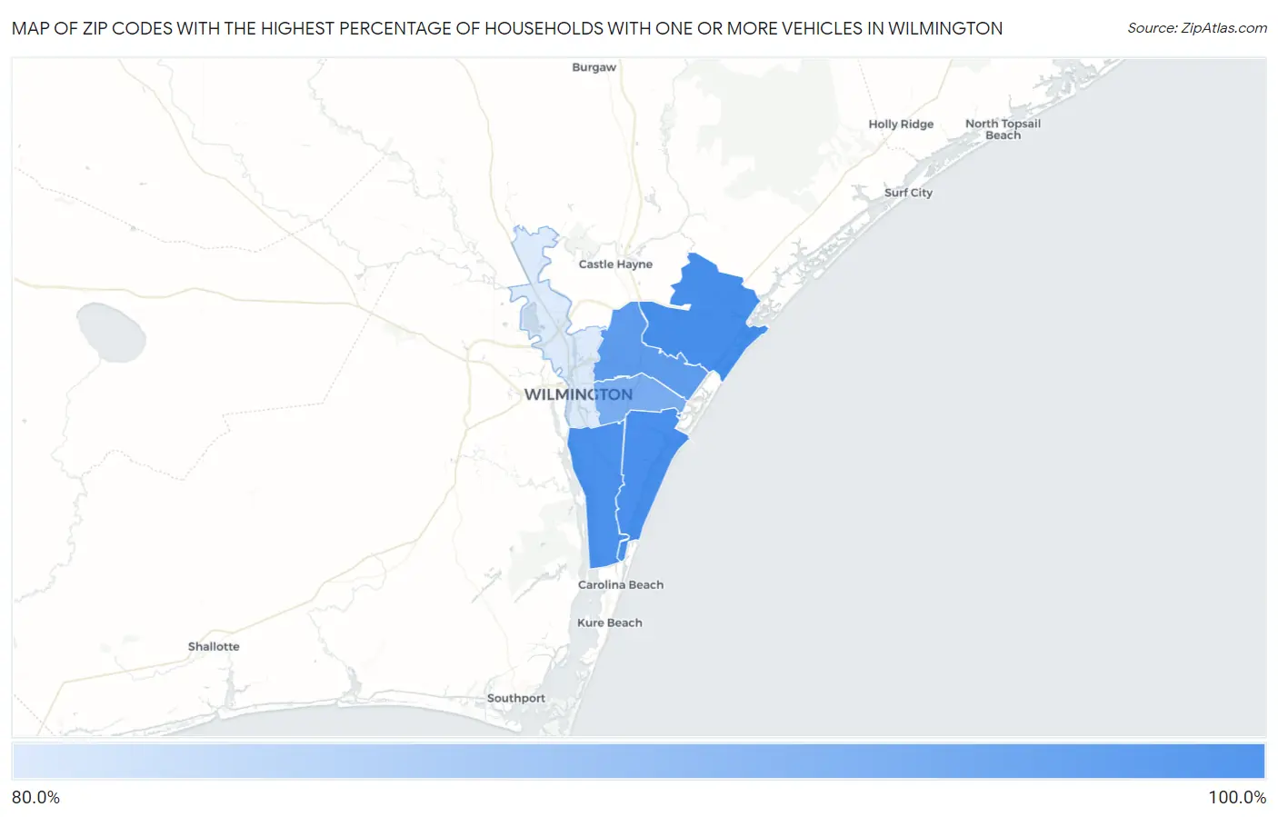 Zip Codes with the Highest Percentage of Households With One or more Vehicles in Wilmington Map