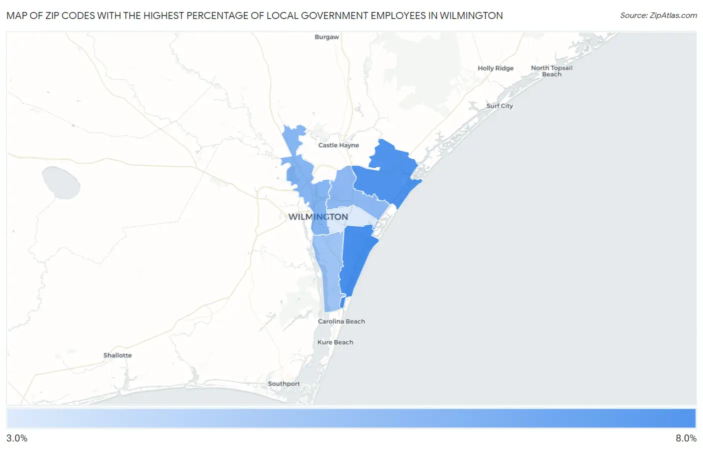 Zip Codes with the Highest Percentage of Local Government Employees in Wilmington Map