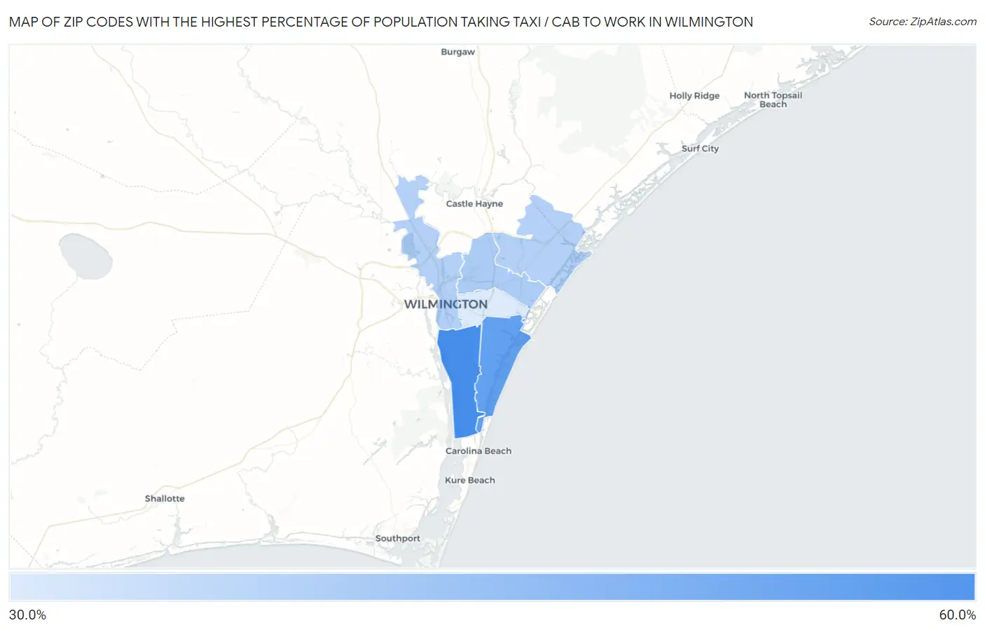 Zip Codes with the Highest Percentage of Population Taking Taxi / Cab to Work in Wilmington Map