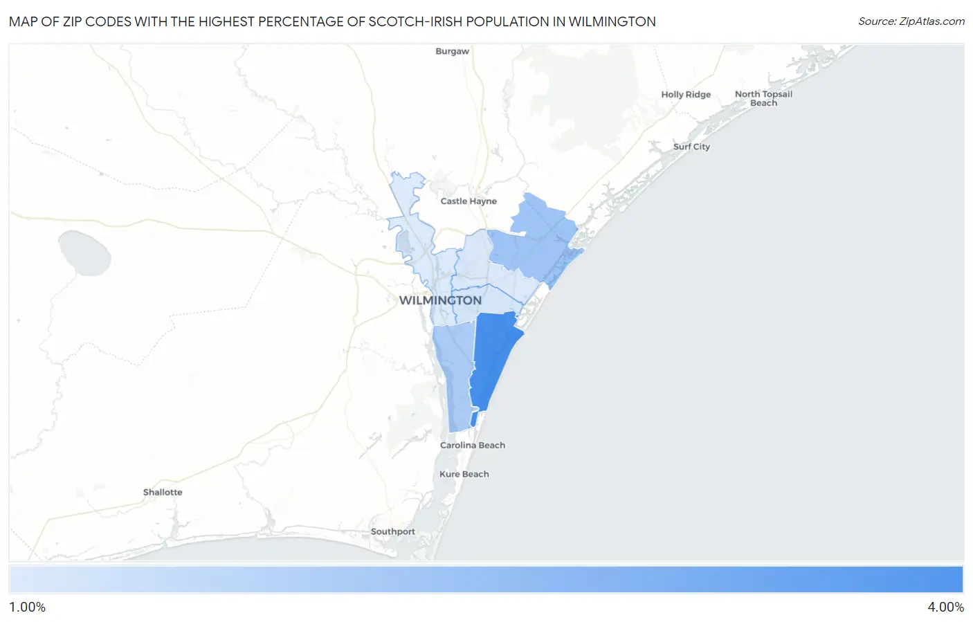 Zip Codes with the Highest Percentage of Scotch-Irish Population in Wilmington Map