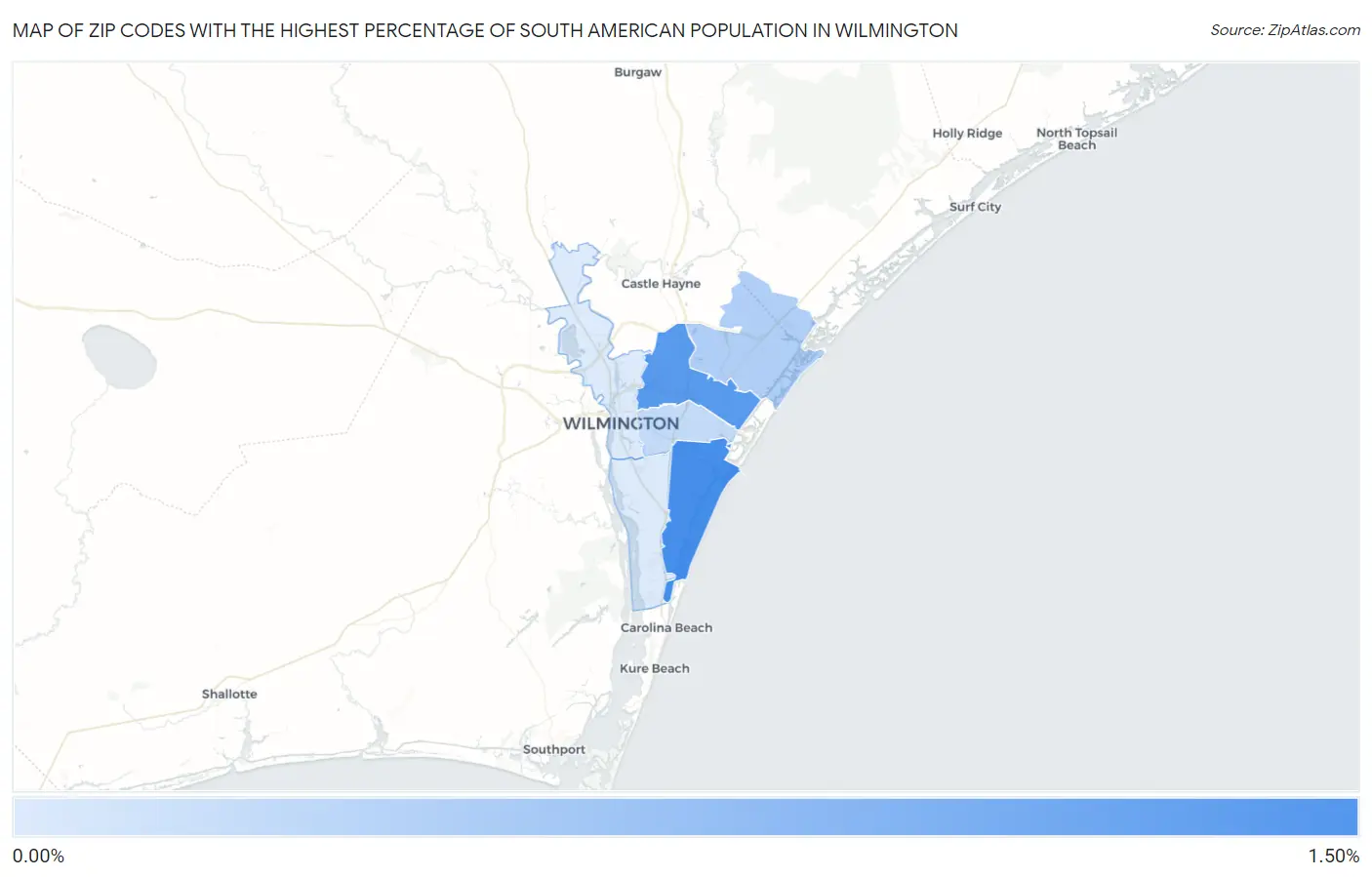 Zip Codes with the Highest Percentage of South American Population in Wilmington Map