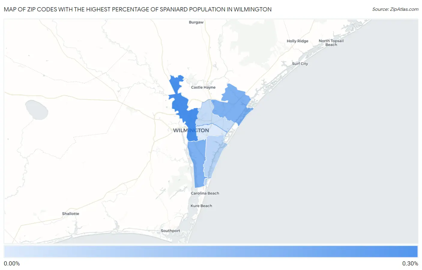 Zip Codes with the Highest Percentage of Spaniard Population in Wilmington Map