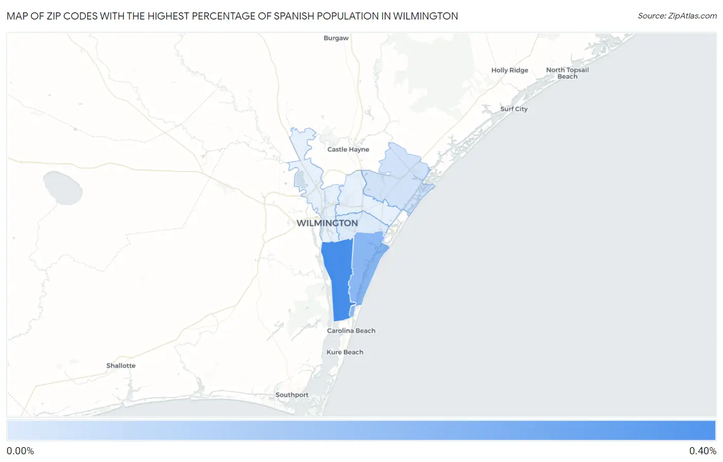 Zip Codes with the Highest Percentage of Spanish Population in Wilmington Map