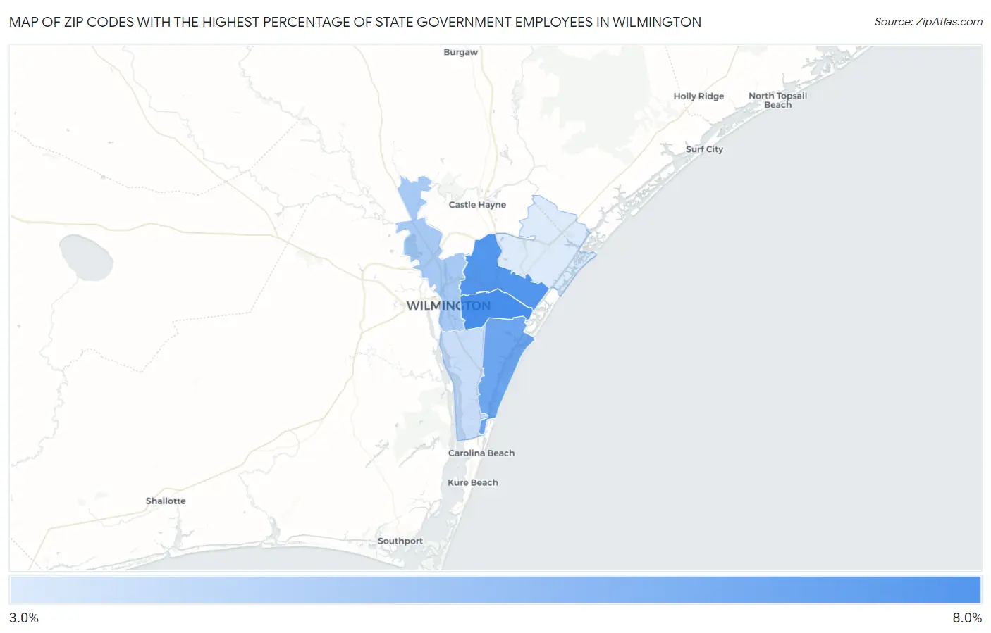 Zip Codes with the Highest Percentage of State Government Employees in Wilmington Map