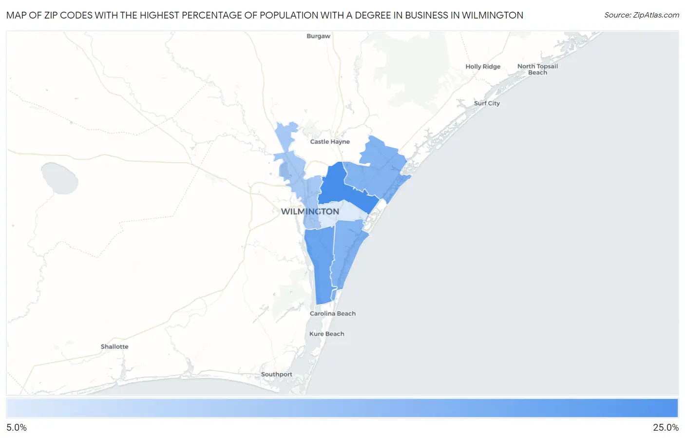 Zip Codes with the Highest Percentage of Population with a Degree in Business in Wilmington Map