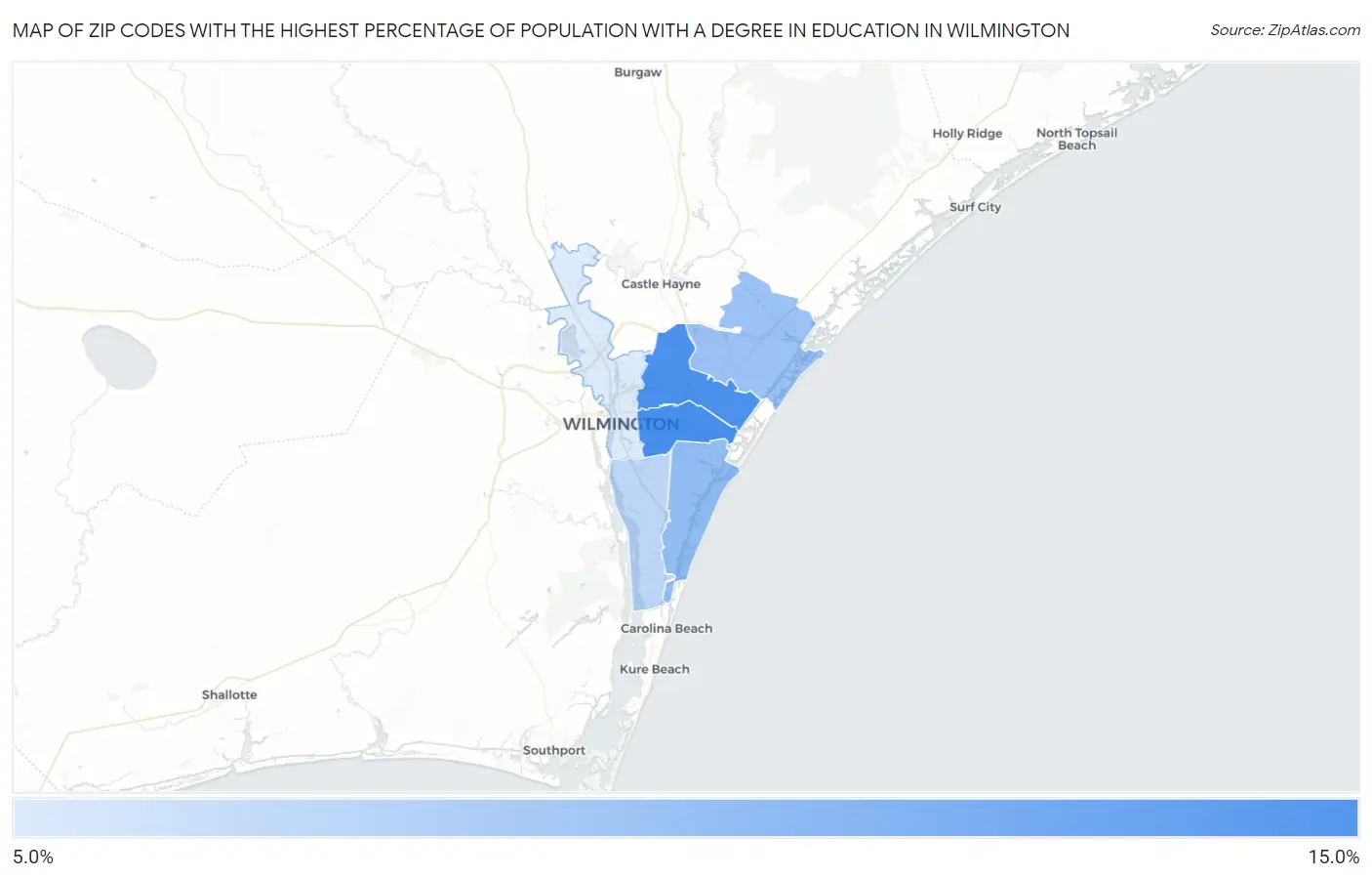 Zip Codes with the Highest Percentage of Population with a Degree in Education in Wilmington Map