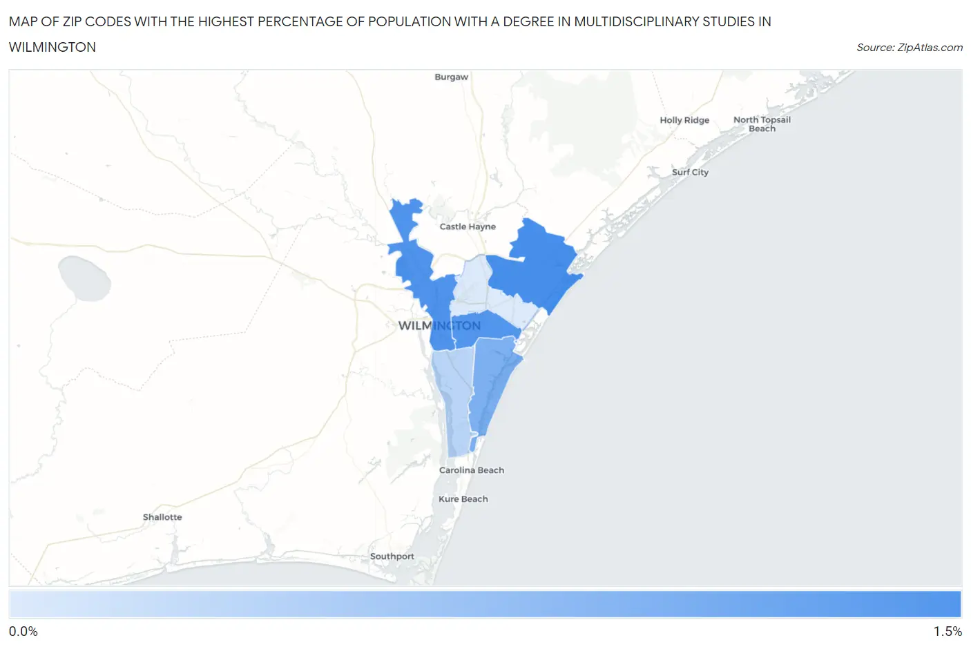 Zip Codes with the Highest Percentage of Population with a Degree in Multidisciplinary Studies in Wilmington Map