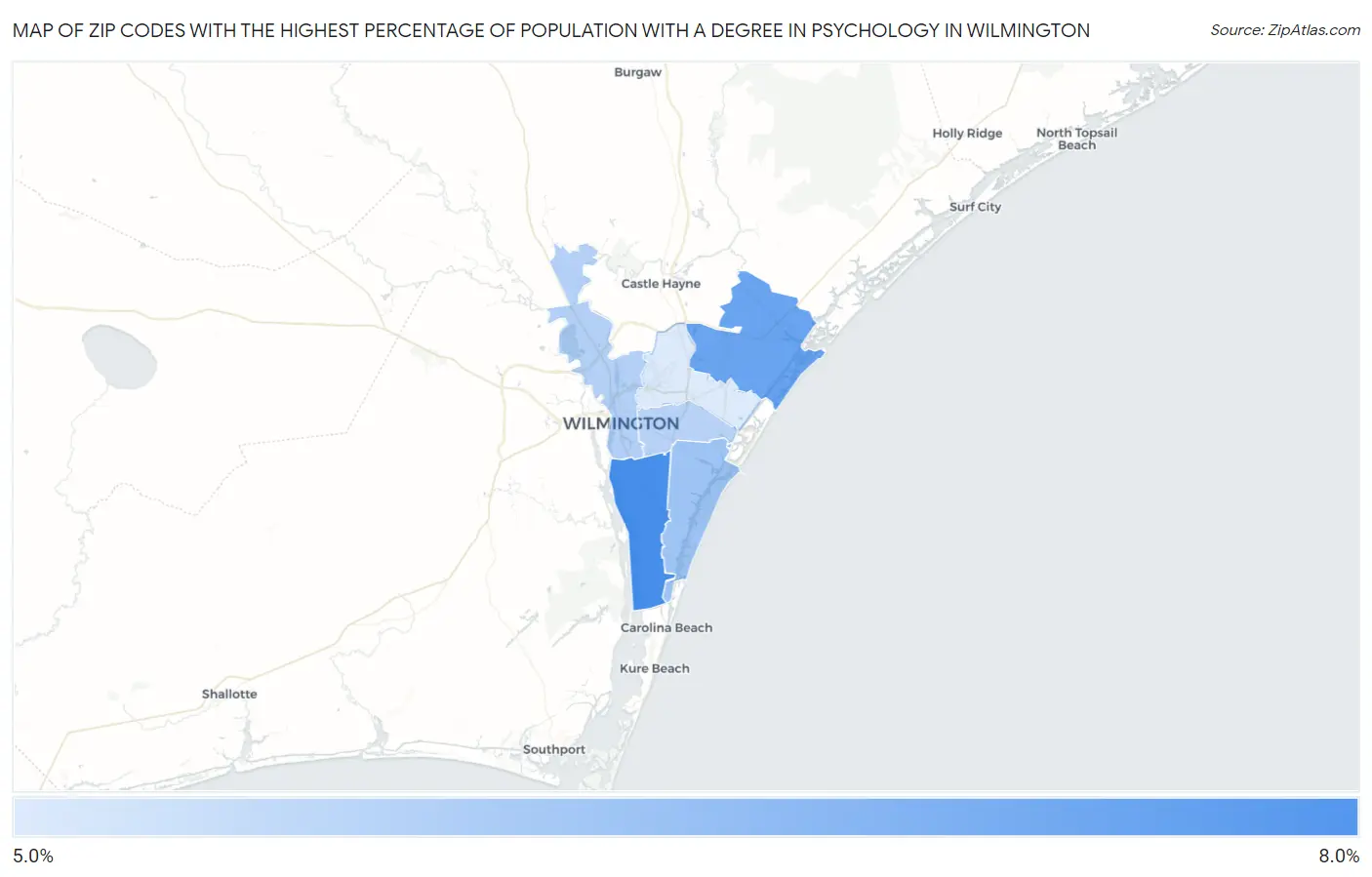 Zip Codes with the Highest Percentage of Population with a Degree in Psychology in Wilmington Map