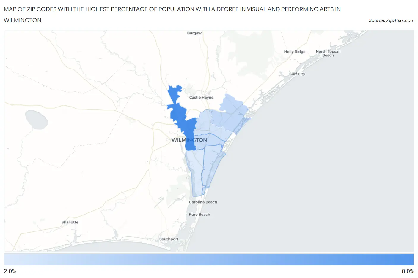Zip Codes with the Highest Percentage of Population with a Degree in Visual and Performing Arts in Wilmington Map