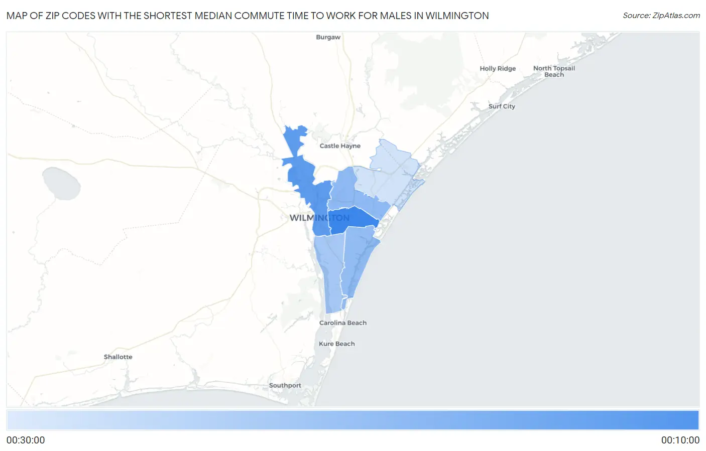 Zip Codes with the Shortest Median Commute Time to Work for Males in Wilmington Map