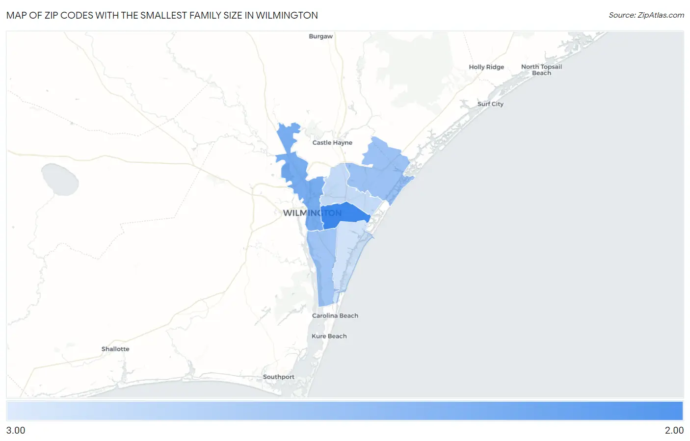 Zip Codes with the Smallest Family Size in Wilmington Map
