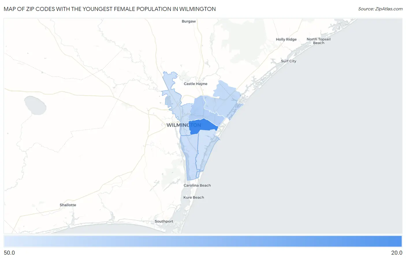 Zip Codes with the Youngest Female Population in Wilmington Map