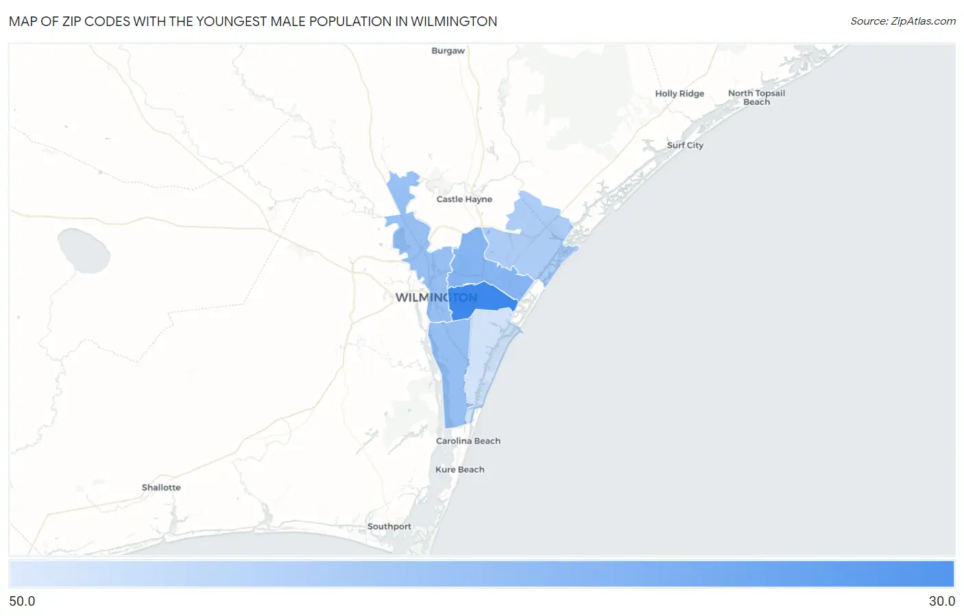 Zip Codes with the Youngest Male Population in Wilmington Map