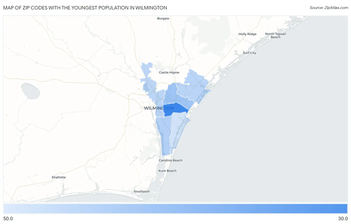 Zip Codes with the Youngest Population in Wilmington Map