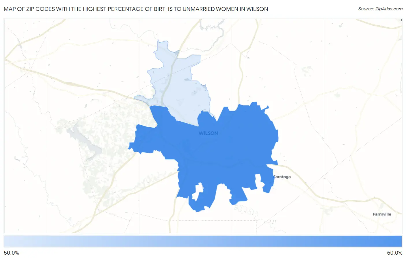 Zip Codes with the Highest Percentage of Births to Unmarried Women in Wilson Map