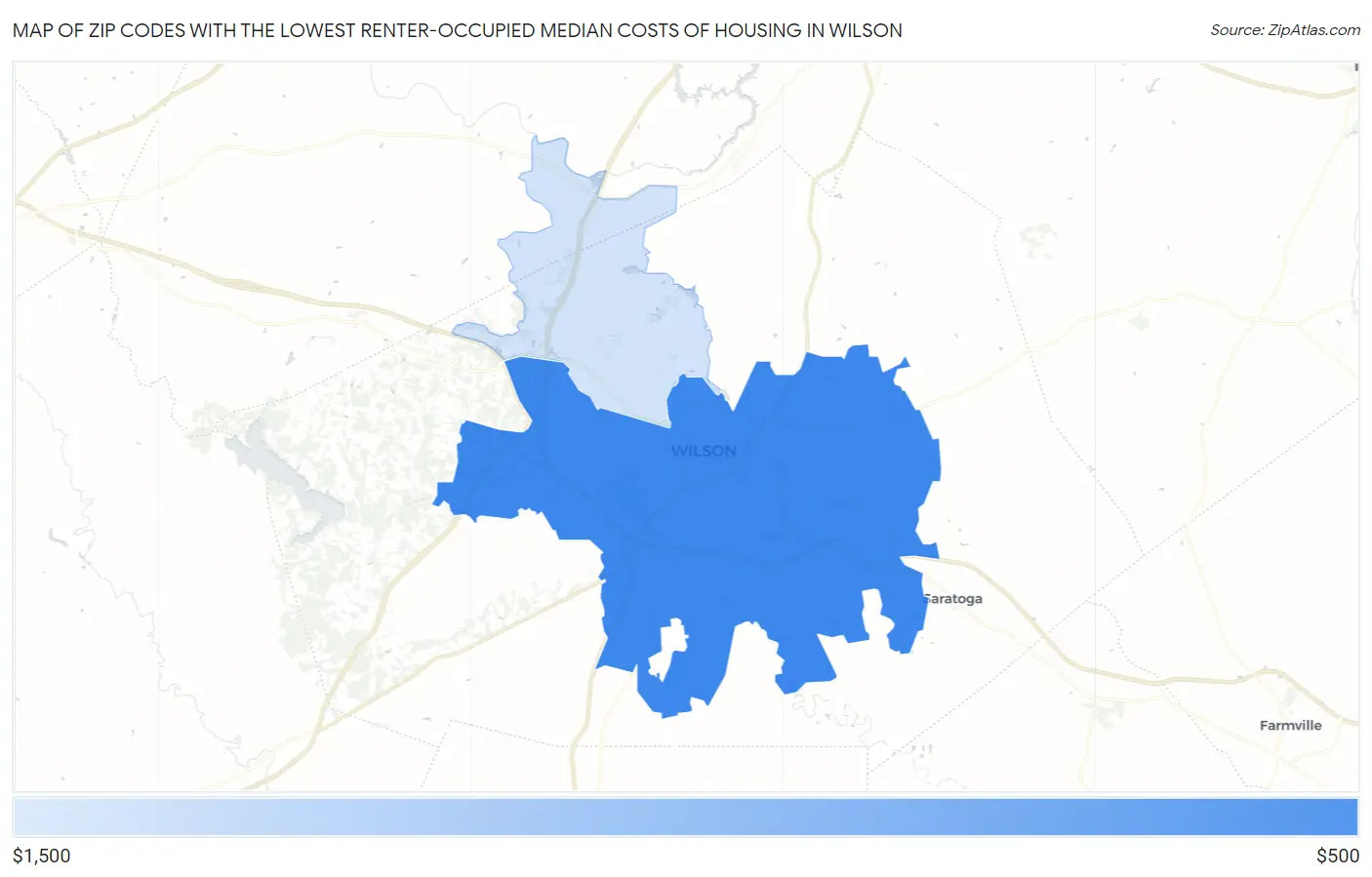 Zip Codes with the Lowest Renter-Occupied Median Costs of Housing in Wilson Map
