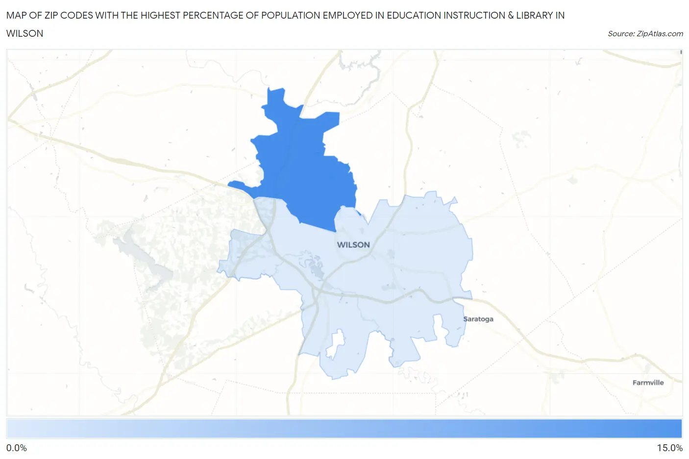 Zip Codes with the Highest Percentage of Population Employed in Education Instruction & Library in Wilson Map