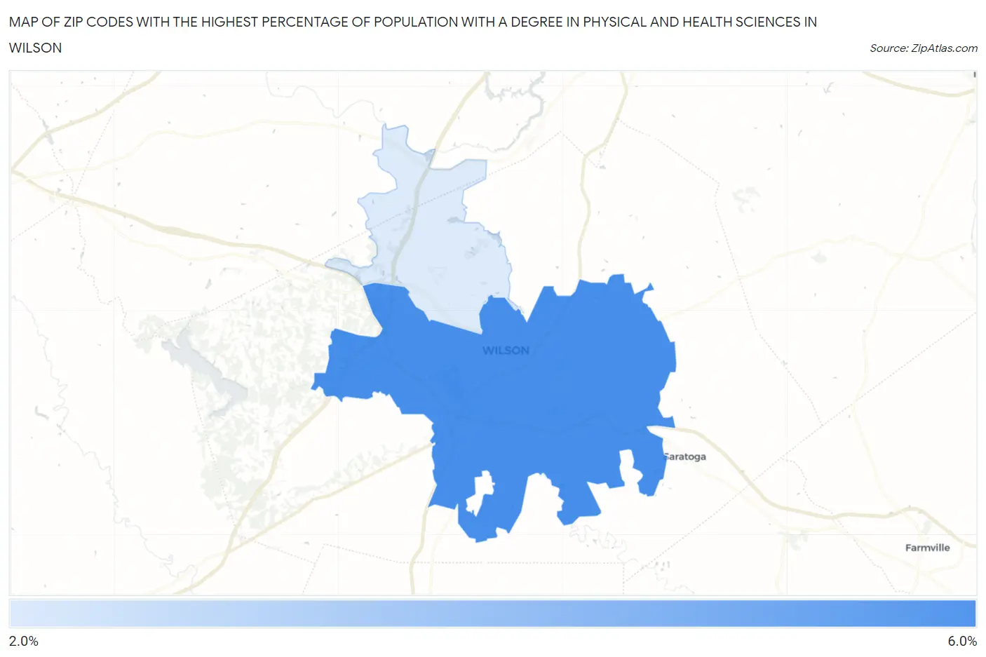 Zip Codes with the Highest Percentage of Population with a Degree in Physical and Health Sciences in Wilson Map