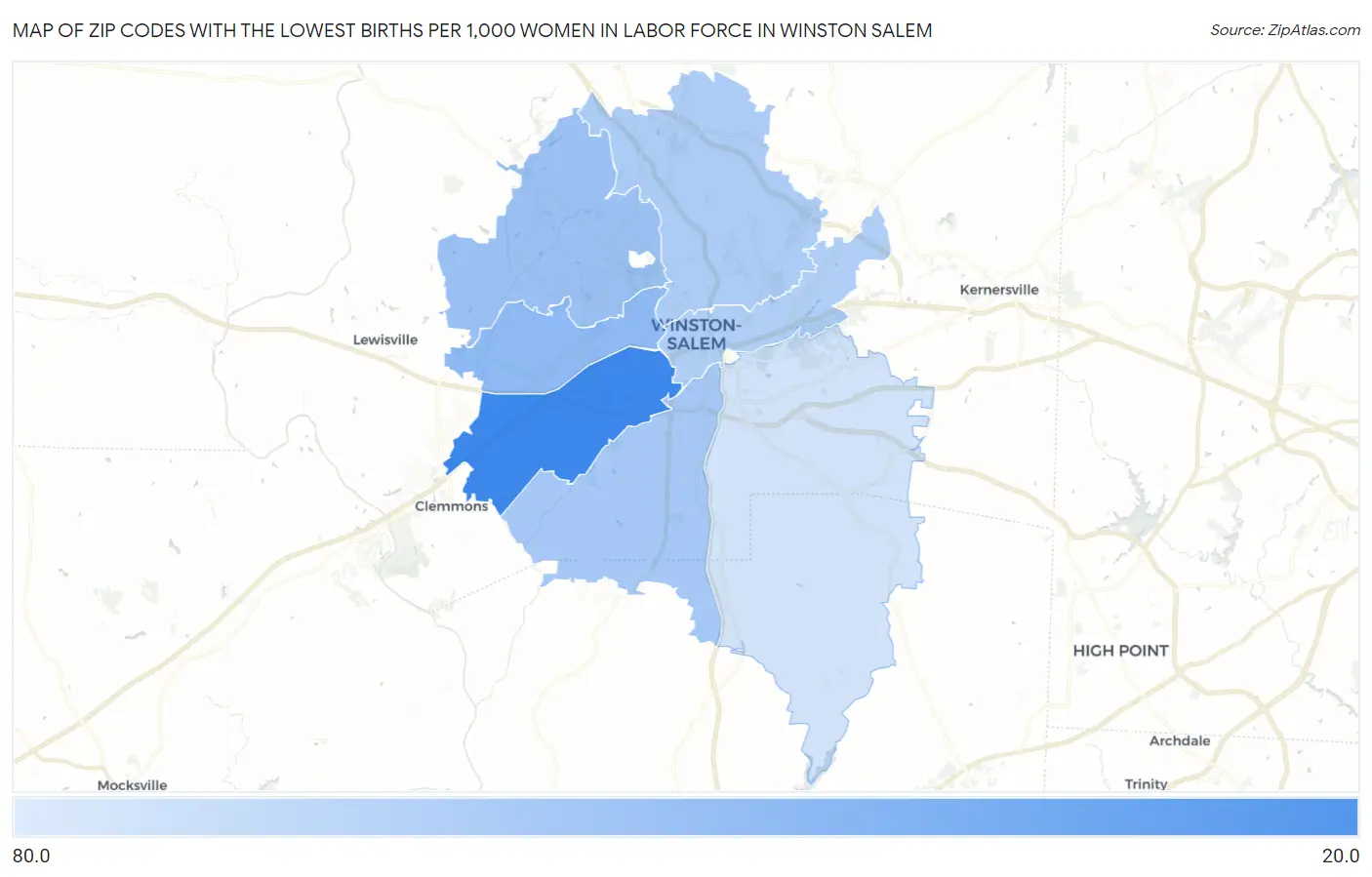 Zip Codes with the Lowest Births per 1,000 Women in Labor Force in Winston Salem Map