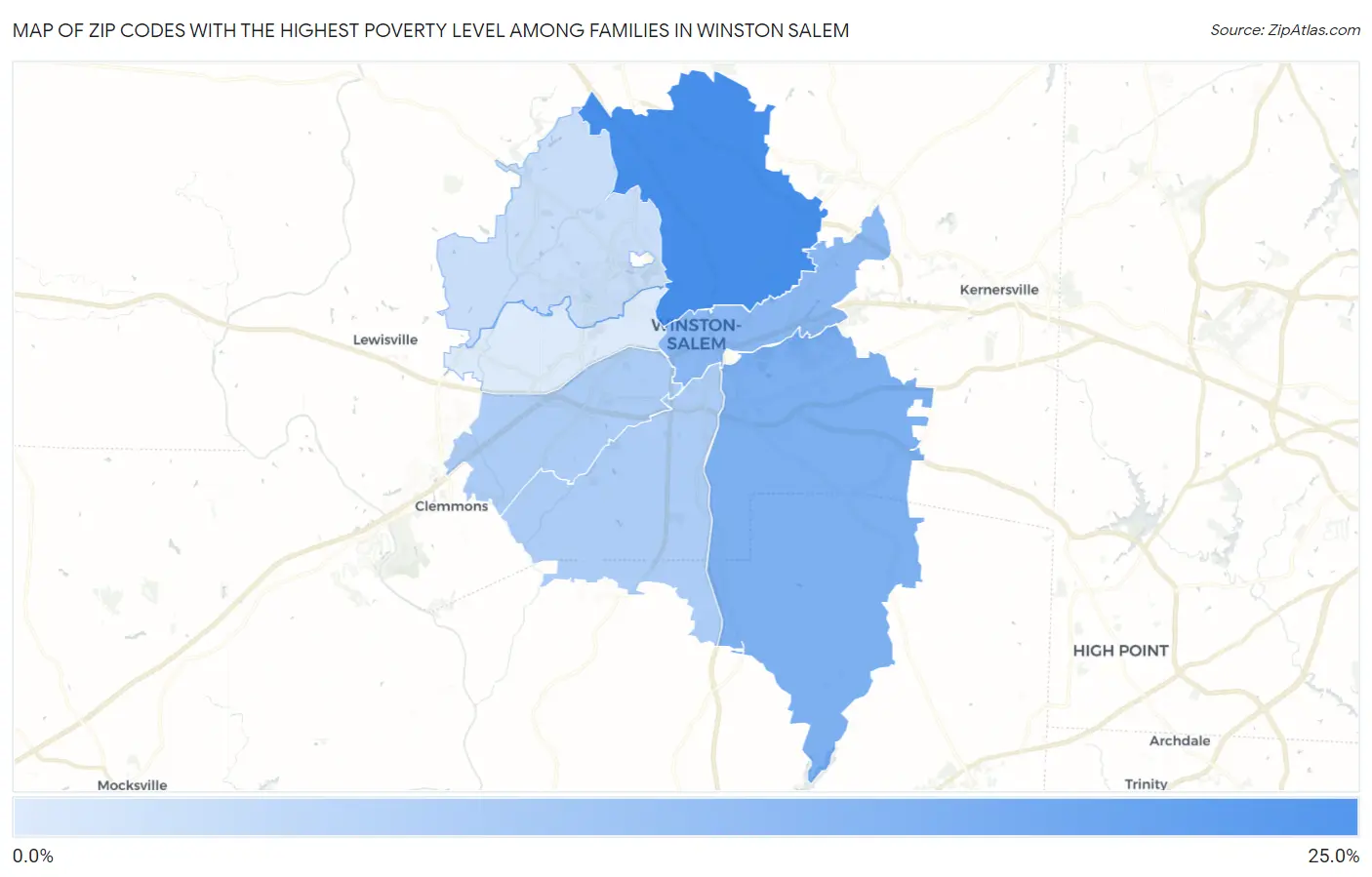 Zip Codes with the Highest Poverty Level Among Families in Winston Salem Map
