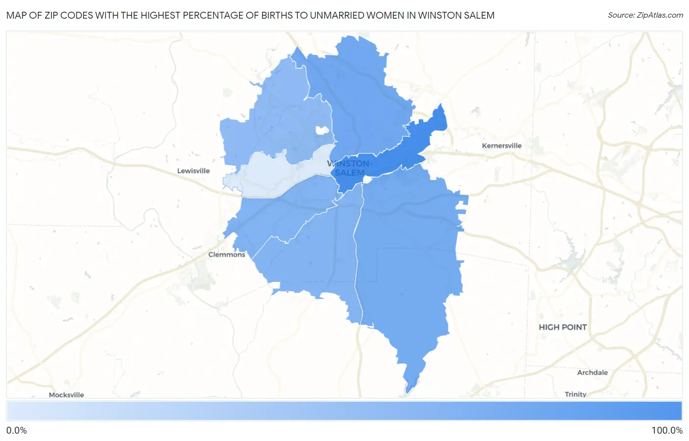 Zip Codes with the Highest Percentage of Births to Unmarried Women in Winston Salem Map