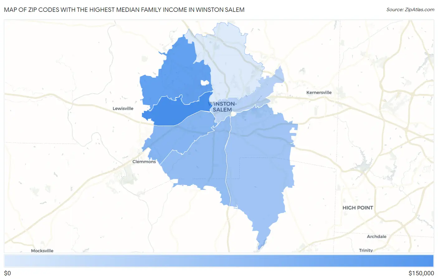 Zip Codes with the Highest Median Family Income in Winston Salem Map