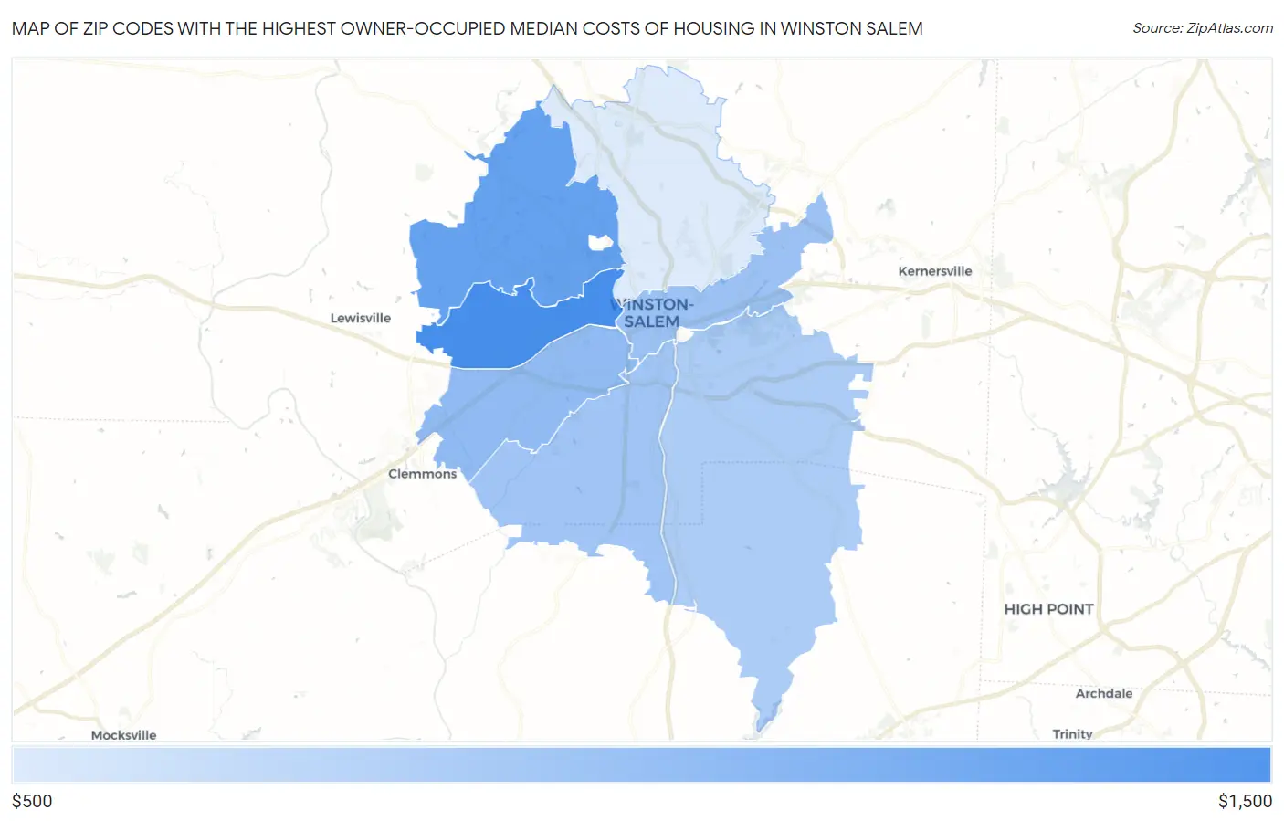 Zip Codes with the Highest Owner-Occupied Median Costs of Housing in Winston Salem Map