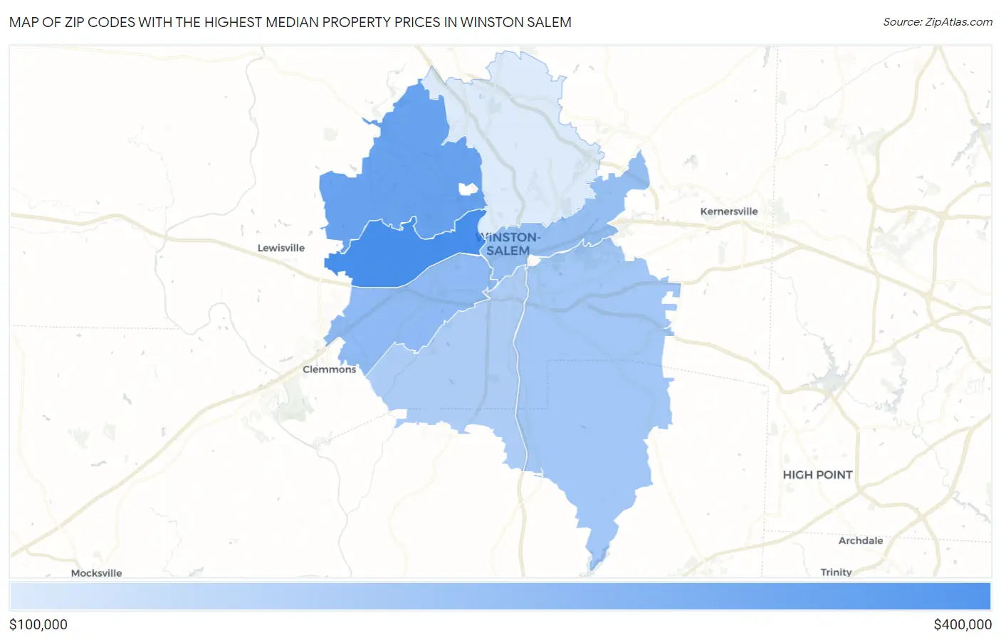 Zip Codes with the Highest Median Property Prices in Winston Salem Map