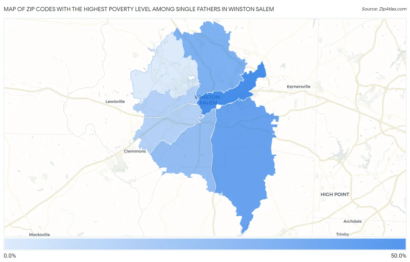 Zip Codes with the Highest Poverty Level Among Single Fathers in Winston Salem Map