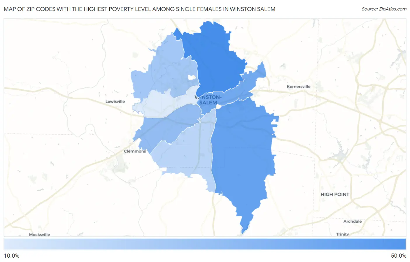 Zip Codes with the Highest Poverty Level Among Single Females in Winston Salem Map
