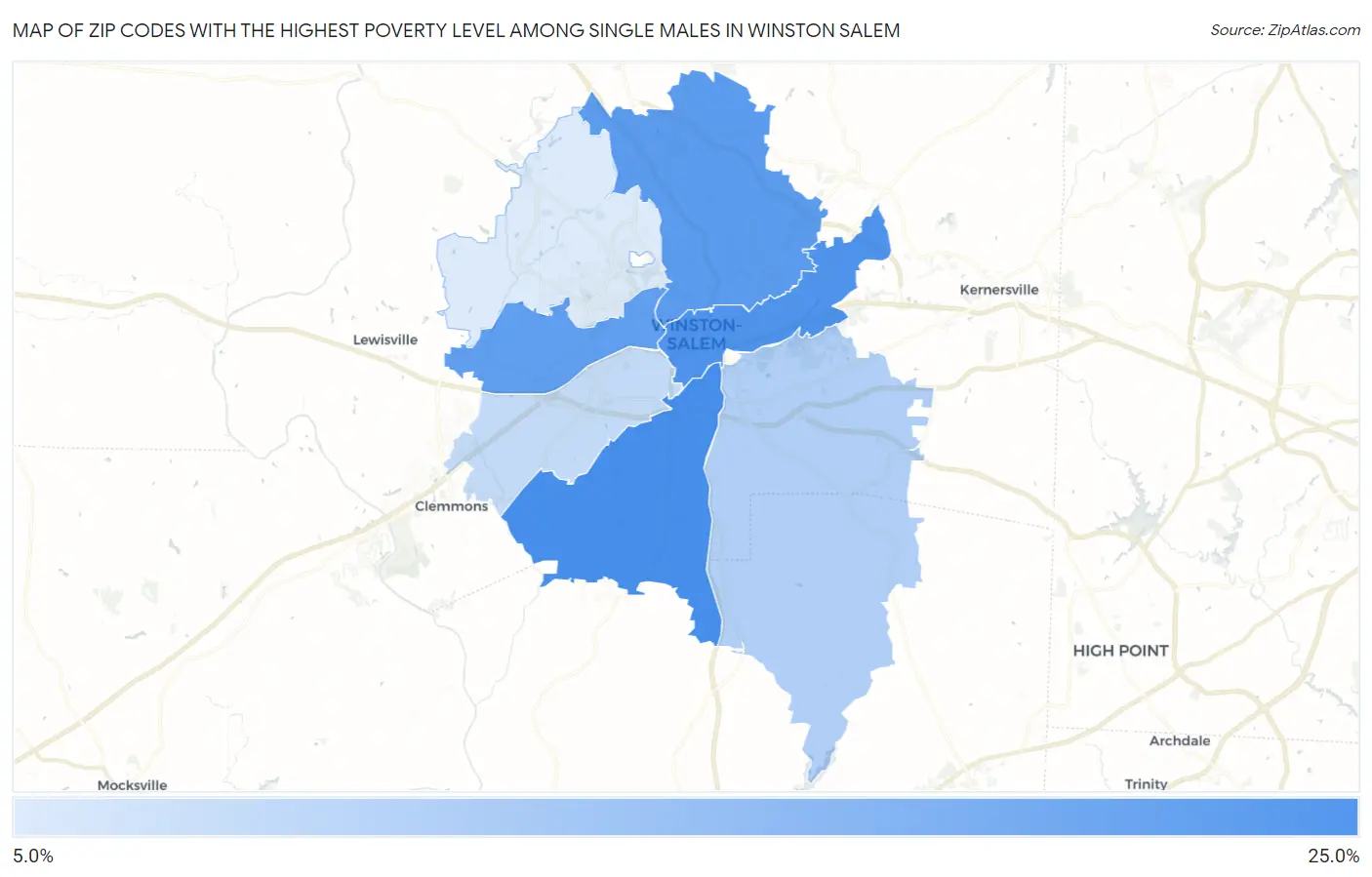 Zip Codes with the Highest Poverty Level Among Single Males in Winston Salem Map