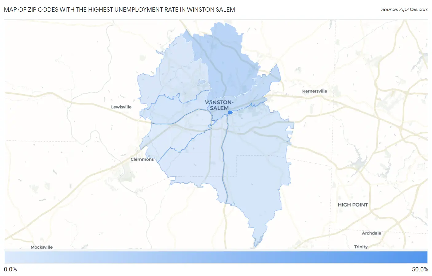 Zip Codes with the Highest Unemployment Rate in Winston Salem Map